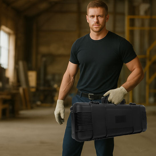 homme avec des gants debout tiens Caisse a outils noire ,Organisateur de boîte outils