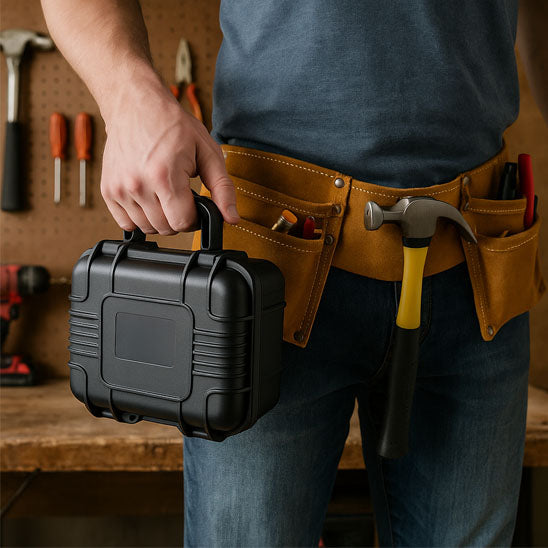 homme debout tiens Caisse a outils noire ,Organisateur de boîte marteau accroché ceinture