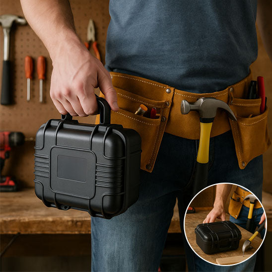 homme debout tiens Caisse a outils noire ,Organisateur de boîte marteau accroché ceinture, petite caisse sur la table