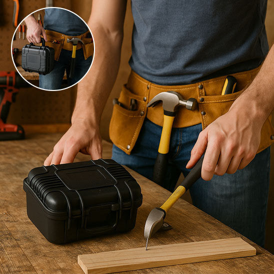 homme debout utilise Caisse a outils noire ,Organisateur de boîte marteau accroché ceinture, caisse a outils sur la table