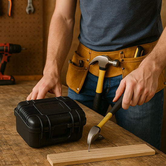 homme utilise Caisse a outils noire ,Organisateur de boîte marteau accroché ceinture