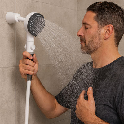 homme devant Pommeau de douche anti calcaire blanc mode pluie sur visage