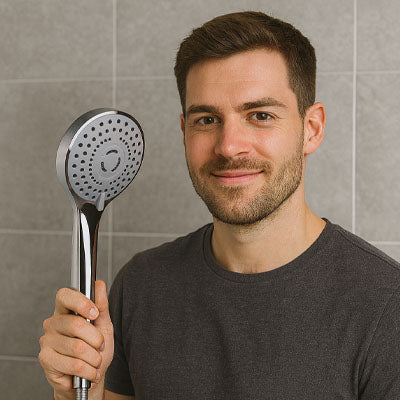 homme devant Pommeau de douche