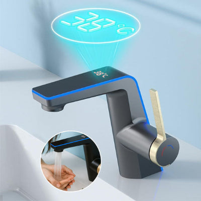 Mitigeur lavabo gris à poignee dorée et led bleue affiche en 3D 38°, laver mains sous mitigeur lavabo