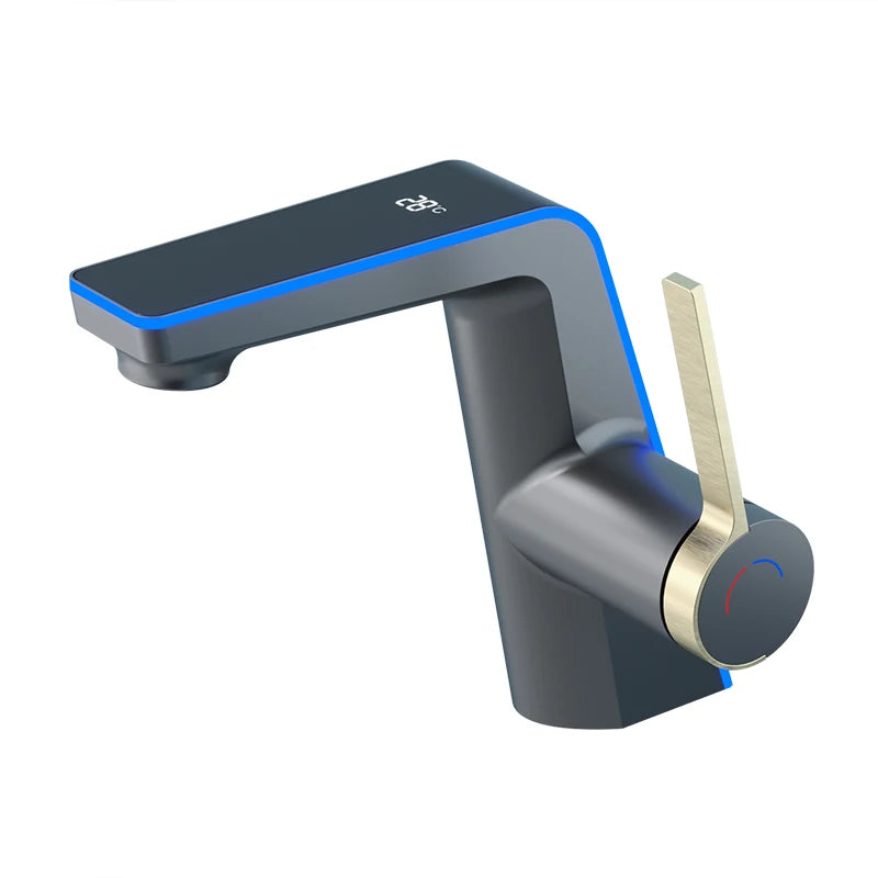 Mitigeur lavabo gris à poignee dorée et led bleue