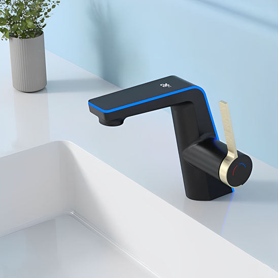 Mitigeur lavabo noir à poignée dorée et led bleue, bouquet fleurs sur évier