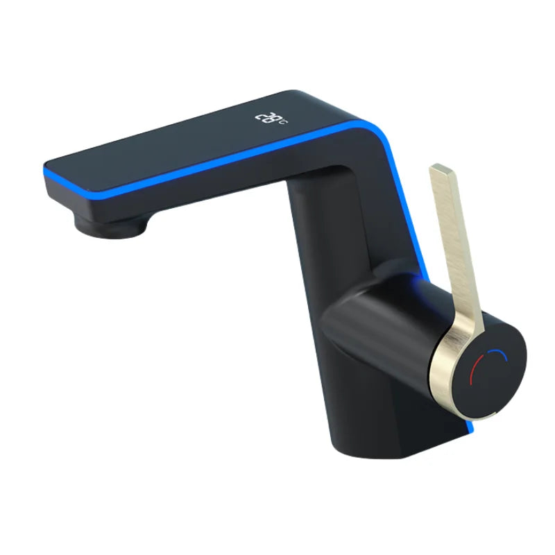 Mitigeur lavabo noir à poignee dorée et led bleue