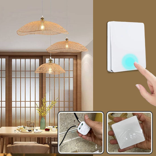 main de femme appui sur Interrupteur connecté sans fil ,blanc ,trois plafonniers, interrupteur sur la table