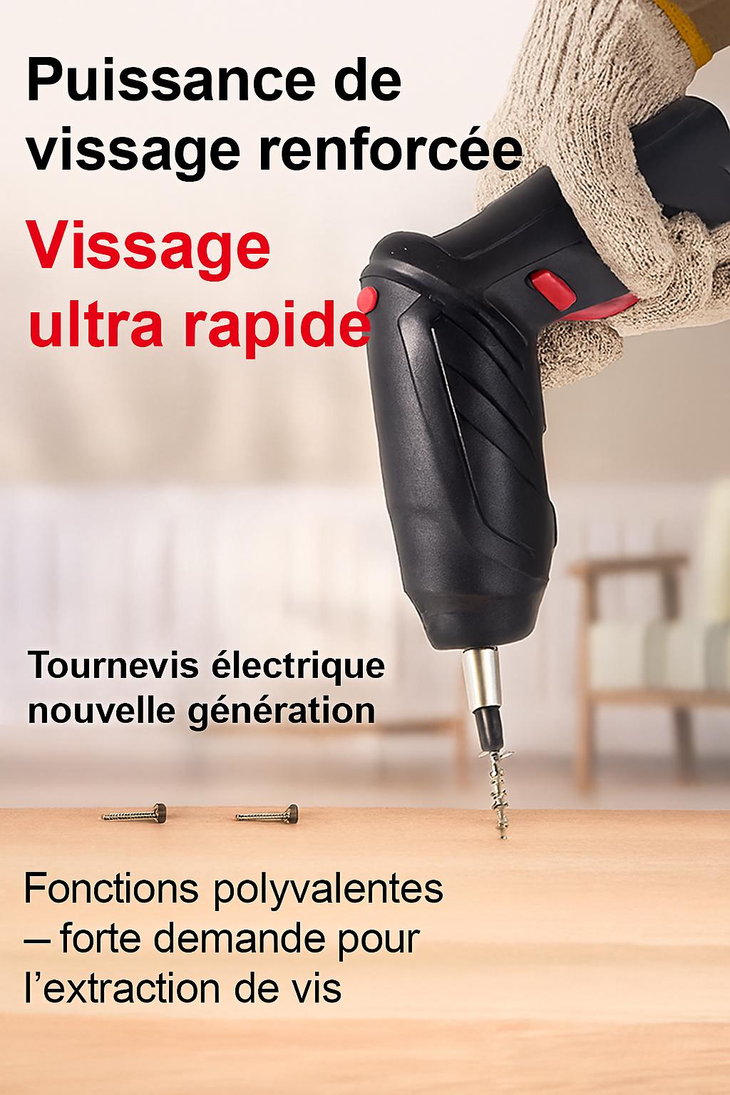 Main avec gant tiens Tournevis electrique noir-rouge, modèle pistolet, visse avec puissance et rapidité sur la table