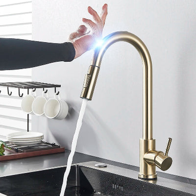 main commande tactile du Robinet cuisine doré Coulissant à douchette extractible