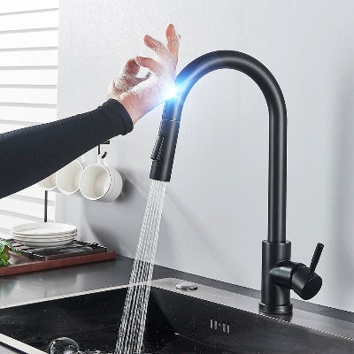 main commande tactile du Robinet cuisine noir Coulissant Ă douchette extractible