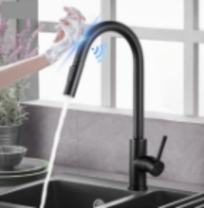 main ave gant de femme commande tactile du Robinet cuisine noir Coulissant avec douchette extractible