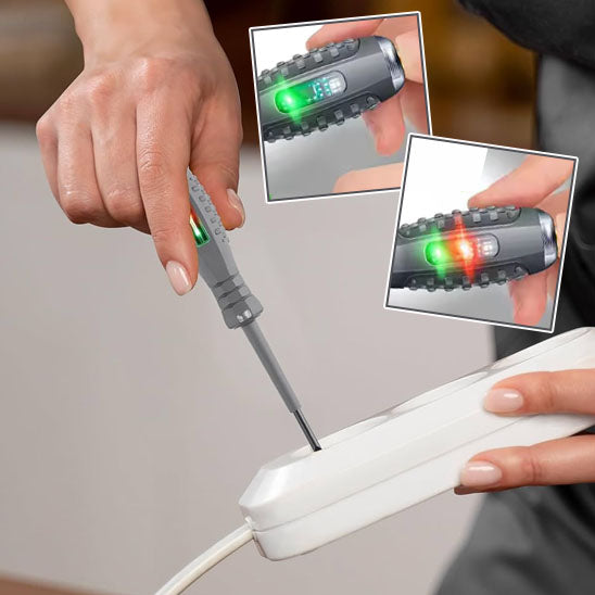 main de femme teste prises electriques blanche avec Tournevis stylo électrique, voyant vert et voyant vert et rouge