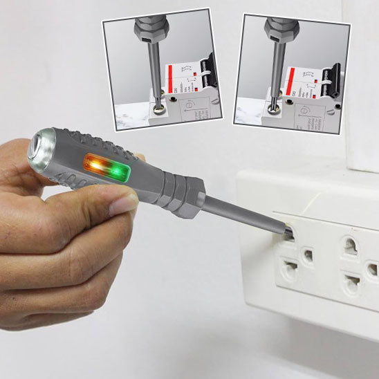 main d'homme teste disjoncteur electrique blanche avec Tournevis styloélectrique