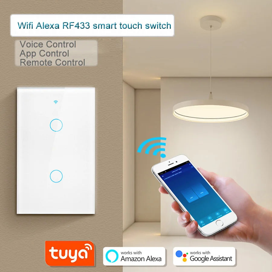main tenant smartphone bleu pour commander lumiere avec interrupteur blanc ,tuya , amazone alexa ,google home