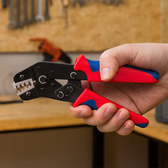 main tient Pince a sertir à poignee ergonomique rouge bleue dans atelier