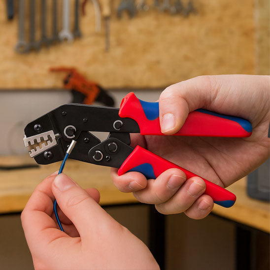 main tient Pince a sertir à poignee ergonomique rouge bleue dans atelier, fil bleu