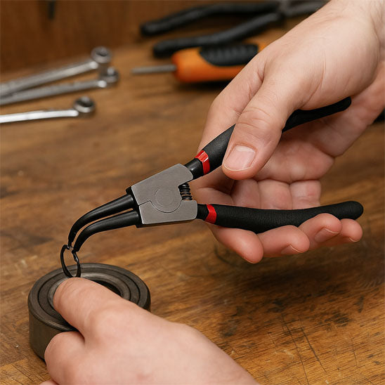 mains tenant Pince noire pour enlever Circlips roulement avec Pince professionnelle sur table en bois