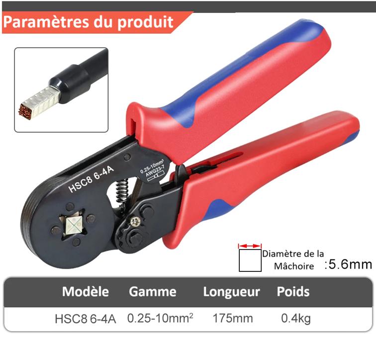 pince a sertir electrique poignee rouge bleue serissage carre 4A