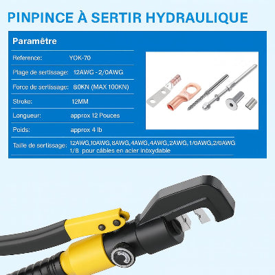 pince a sertir hydraulique jaune ,paramètres et cosses