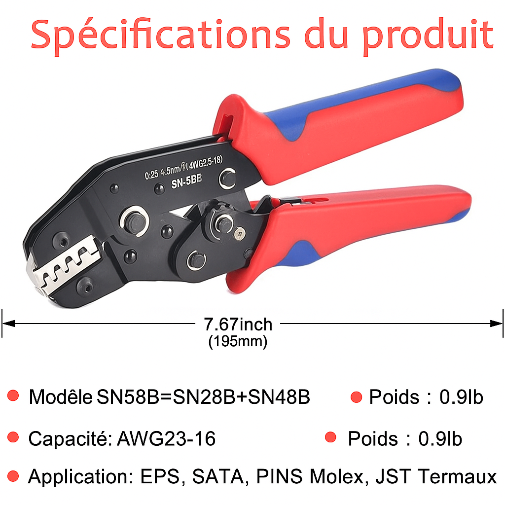 specifications de la Pince a sertir poignee ergonomique rouge et bleue