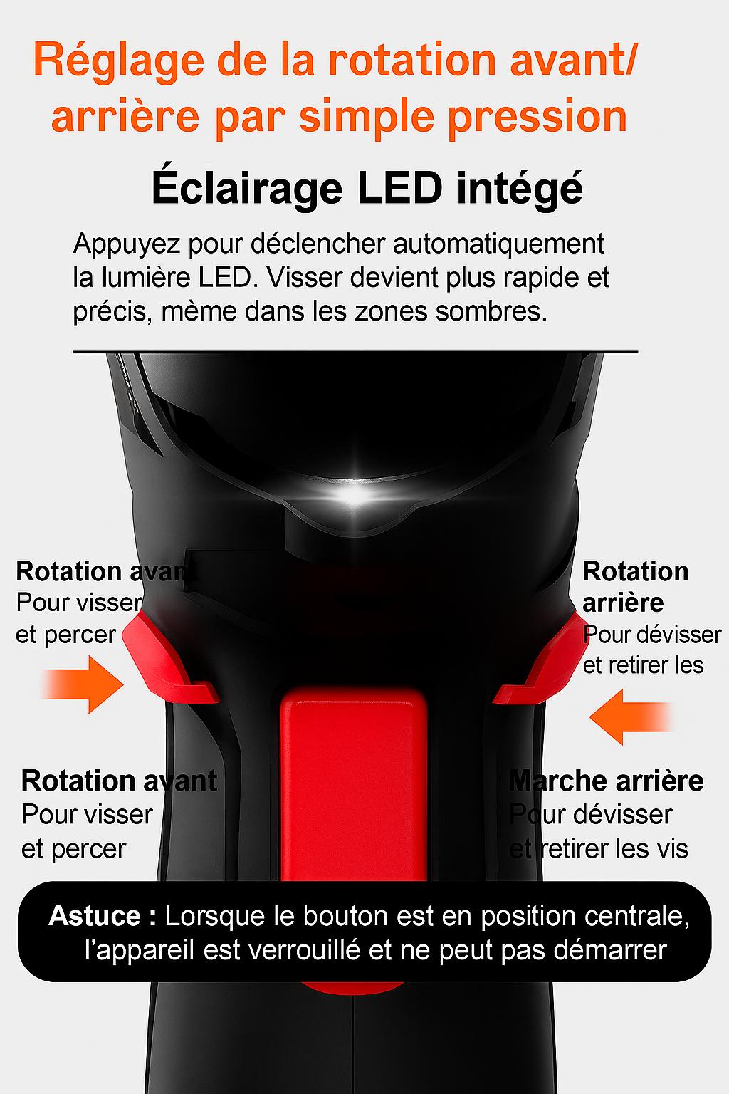 Réglage rotation avant arrière de Tournevis electrique noir-rouge , éclairage de la led