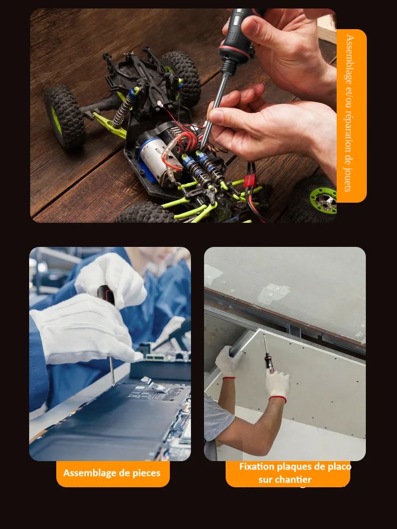 reparation , assemblage jouets, fixation plaques de platre sur chantier avec Tournevis electrique Rechargeable USB 3.6V avec lumière LED