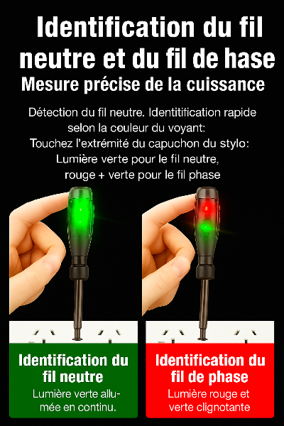 tournevis electrique testeur du fil de : neutre voyant vert.
fil de phase voyant rouge vert clignotant