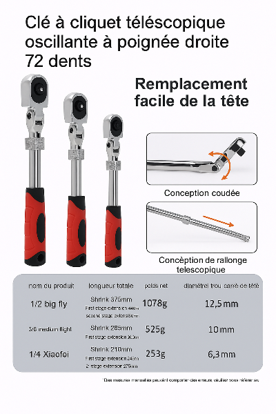 trois CLE A cliquet télescopiques , remplacement de la tête