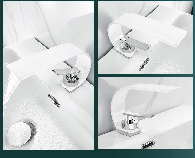 trois robinet salle de bain blanc, eau coule dans le lavabo blanc
