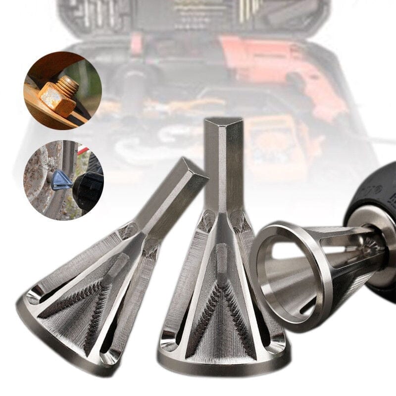 trois têtes EbavuraXL argent hexagonal pour ébavurage en acier dont une vue de face