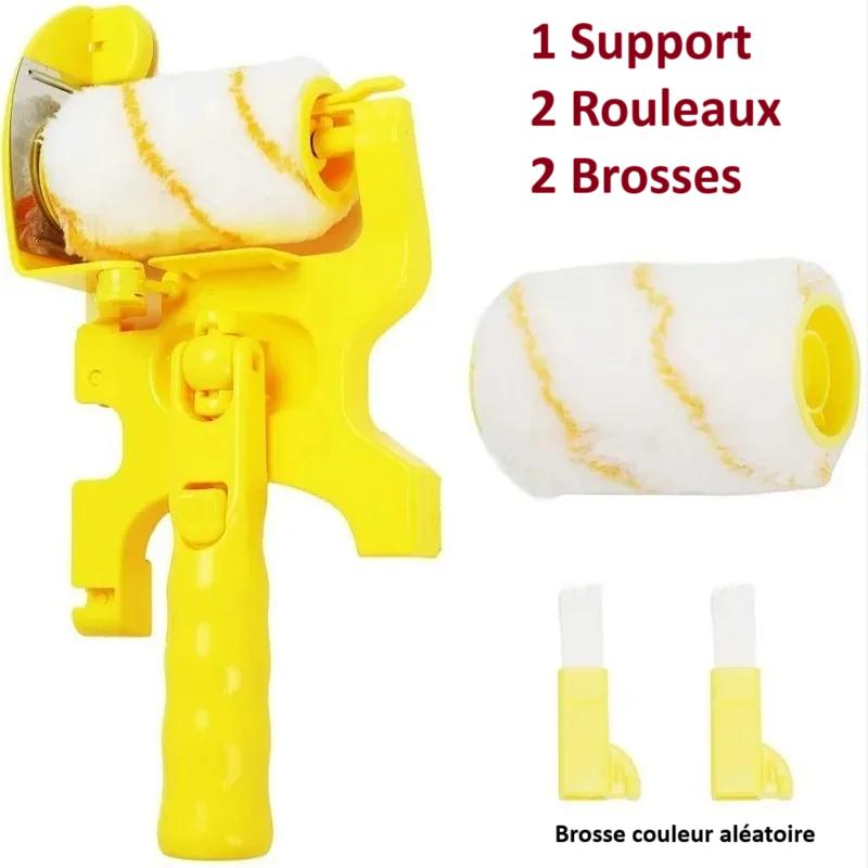 un support Rouleau peinture jaune , deux rouleaux, deux brosses