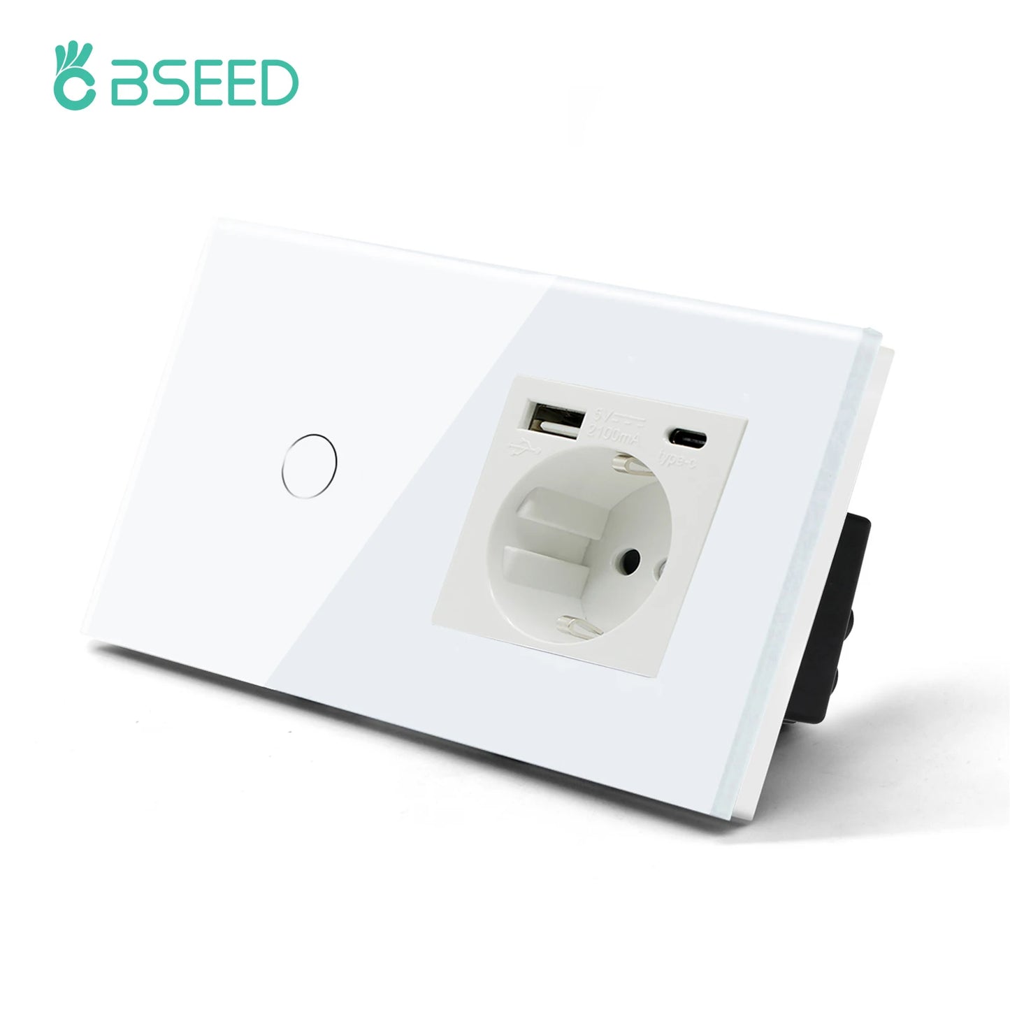 une prise, une USB type C, interrupteur va et vient blanc et un bouton