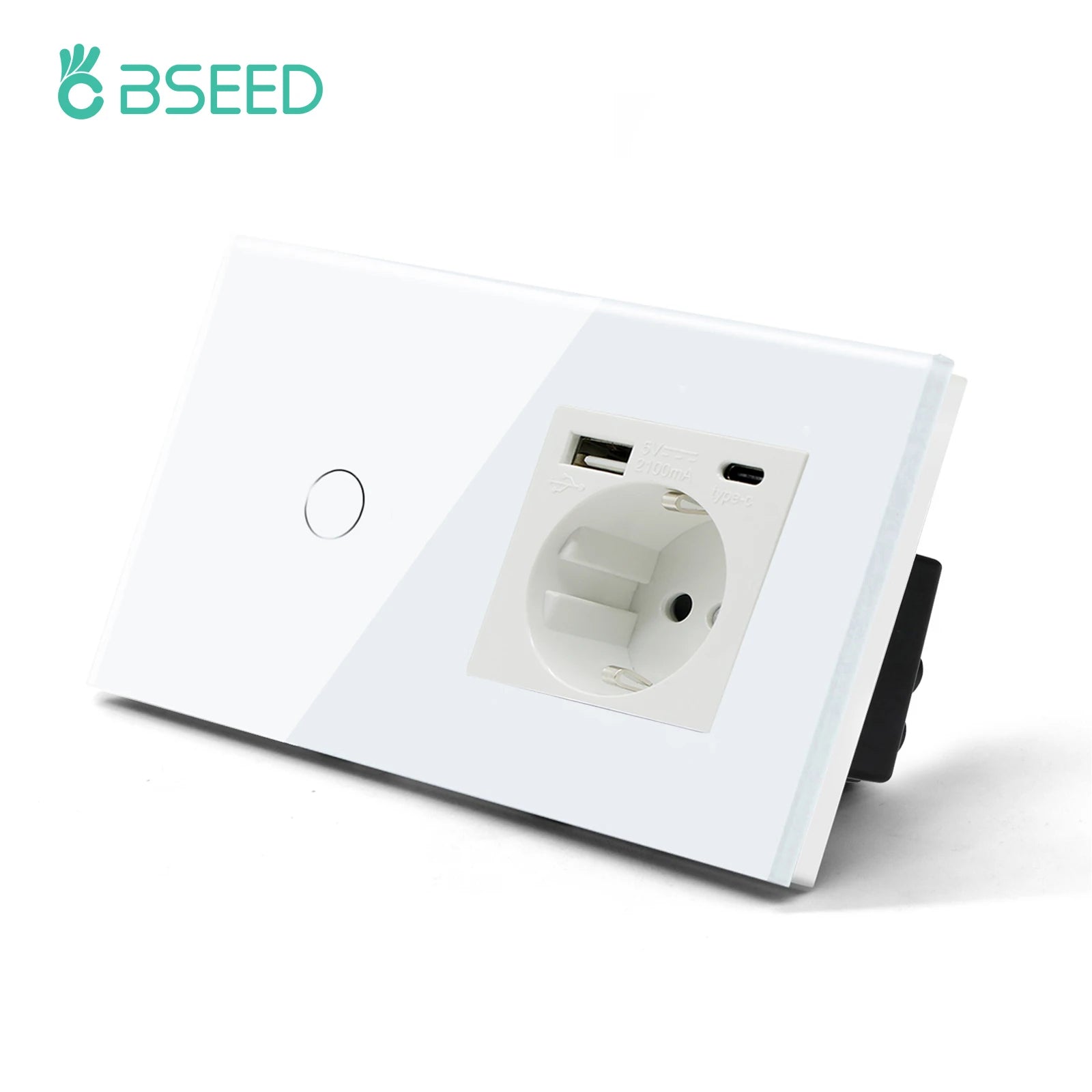 une prise, une USB type C, interrupteur va et vient blanc et un bouton