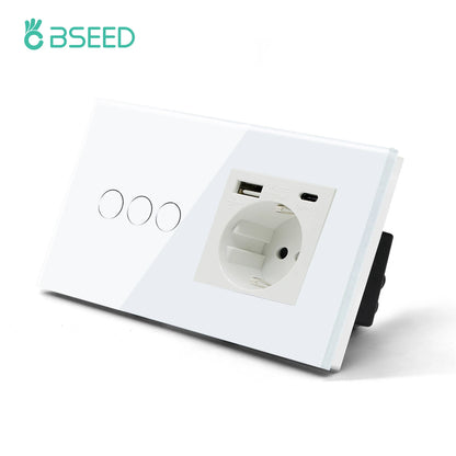 une prise, un USB type C, interrupteur va et vient blanc et trois boutons