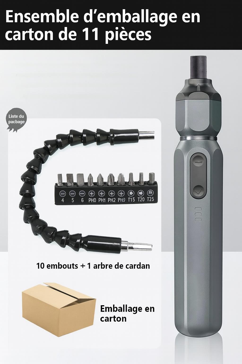 11pcs , Tournevis electrique , embouts, emballage carton, rallonge arbre cardan