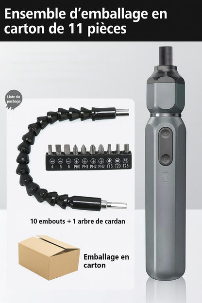 11pcs , Tournevis electrique , embouts, emballage carton, rallonge arbre cardan