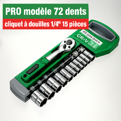 jeu de CLE A cliquet  a douilles vert 1/4 " à 72 dents ,15 pieces