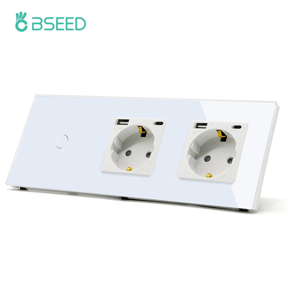 Deux prises, deux USB type C, interrupteur va et vient blanc et un bouton