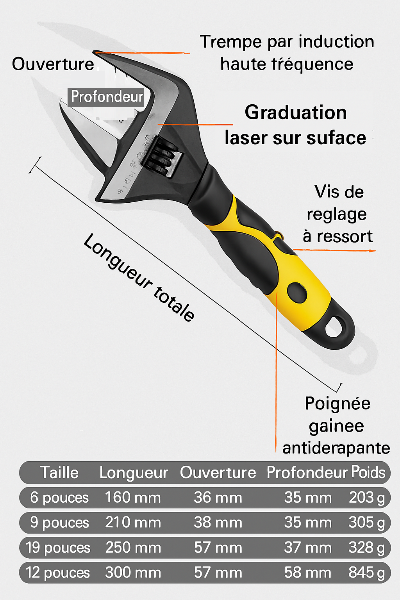CLE A molette,  dimensions des différentes tailles,  poignée ergonomique jaune, noire