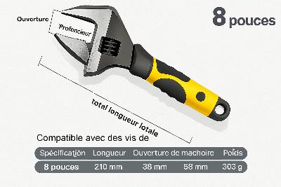 dimensions CLE A molette de huit  pouces poignee jaune noire