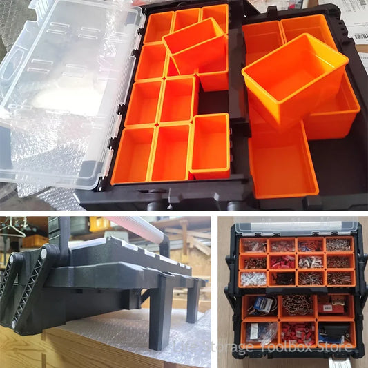 Caisse a outils a deux couches orange pleine de quincaillerie