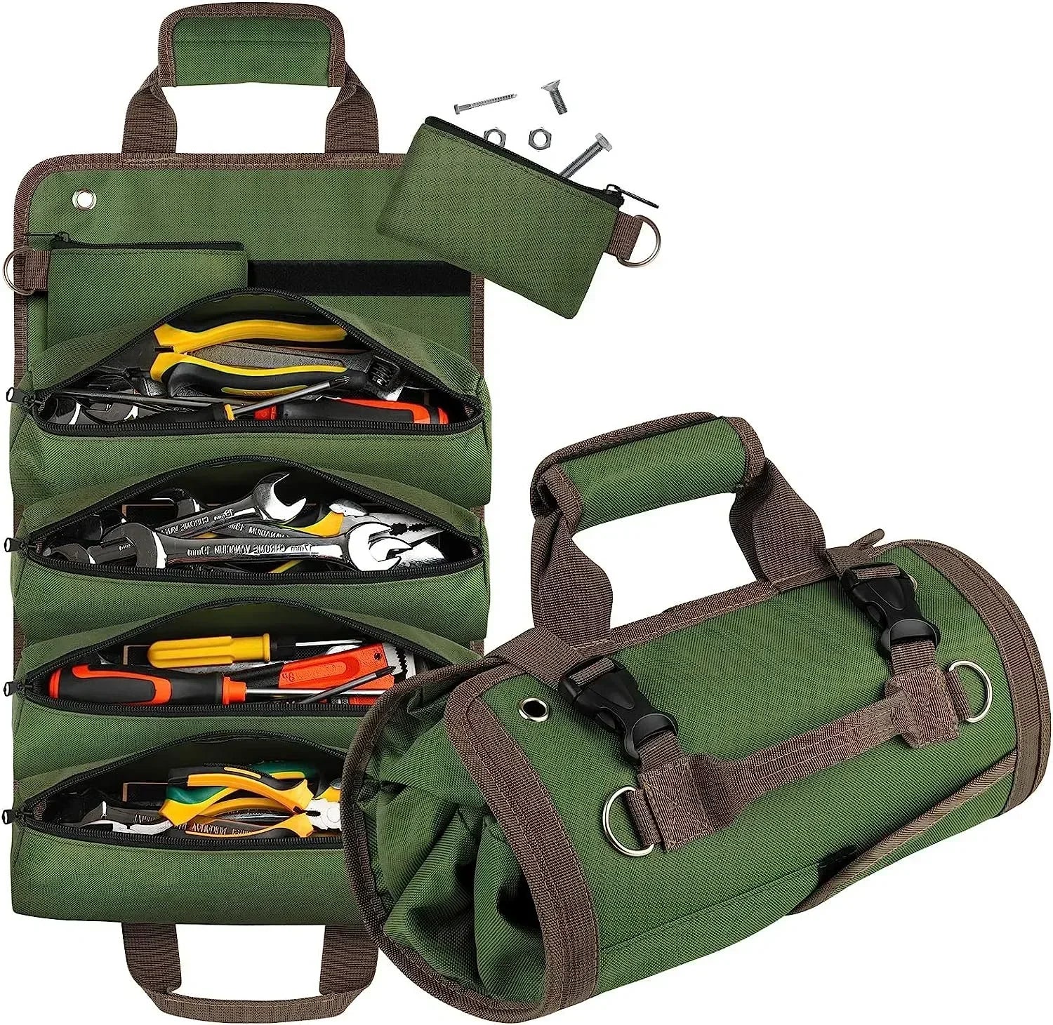 Caisse a outils verte, entre-ouverte ,fermée ,Sac à outils enroulable portable