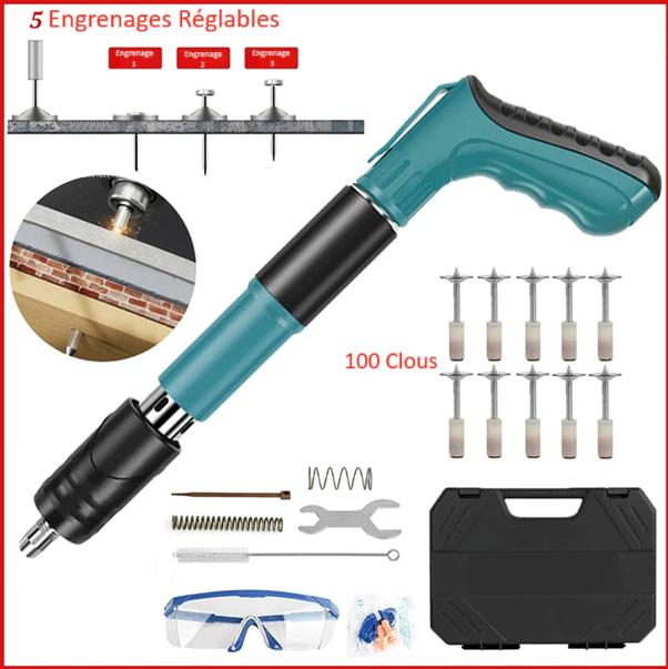 Cloueuse electrique bleu cent clous  valise noire lunette protection  electrique cinq engrenages securise