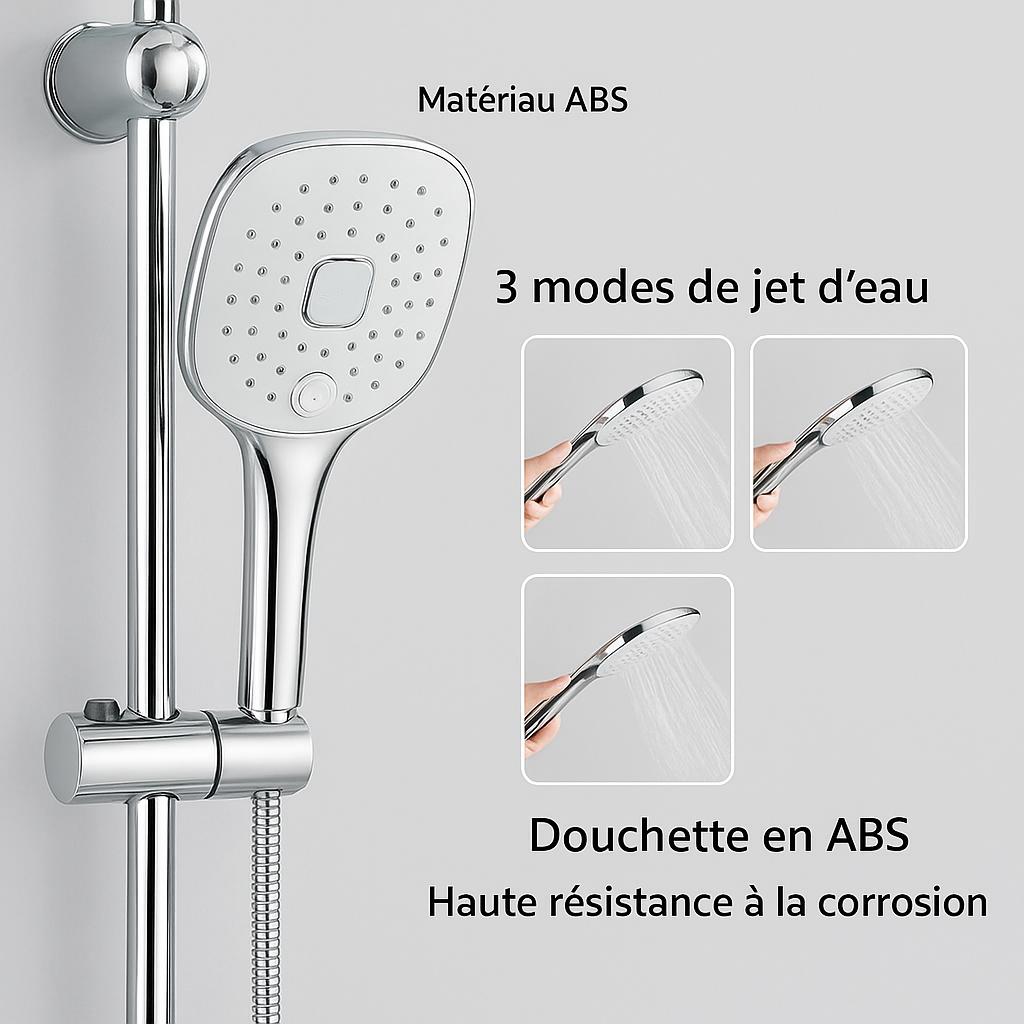 Colonne de douche chromée, pommeau circulaire, trois modes de jets d'eau