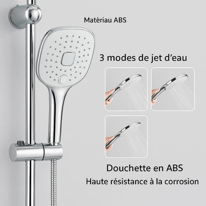 Colonne de douche chromée, pommeau circulaire, trois modes de jets d'eau