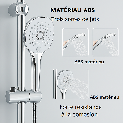 Colonne de douche chromée, pommeau circulaire, trois sortes de jets d'eau