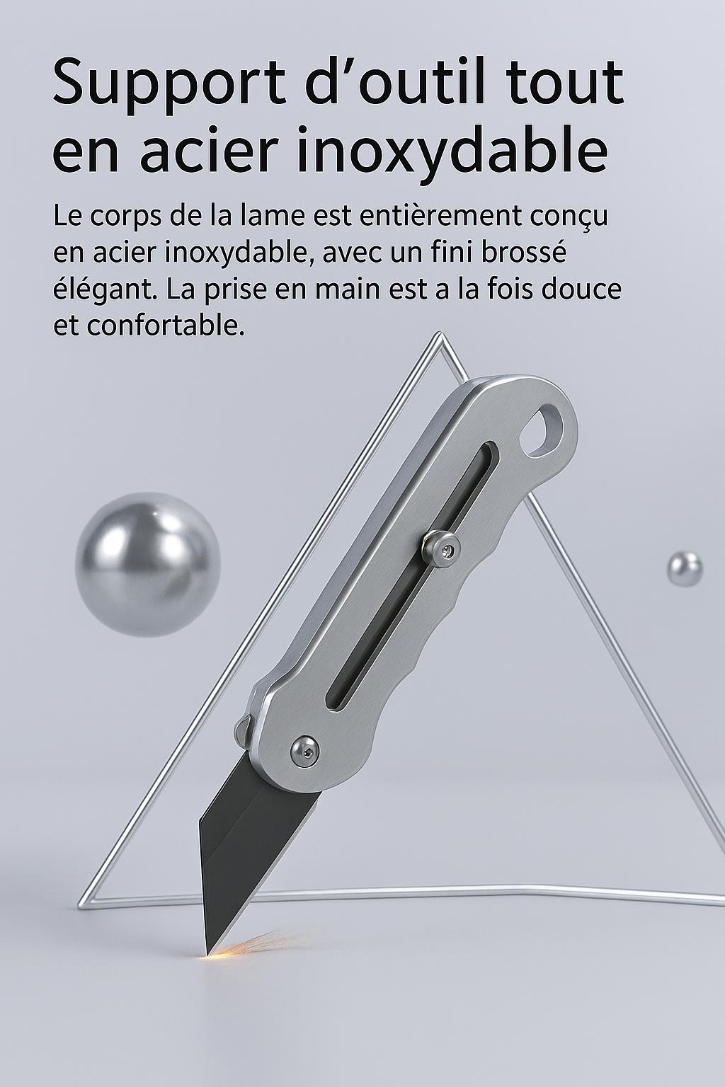Cutter gris inoxydable avec lame sortante, support outils