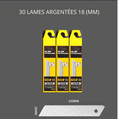 Lames du Cutter polyvalence, trente lames argentées de dix-huit mm 