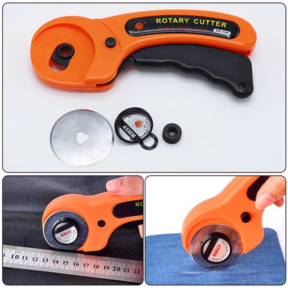 Cutter rotatif orange, coupe tissu noir, moquette bleue